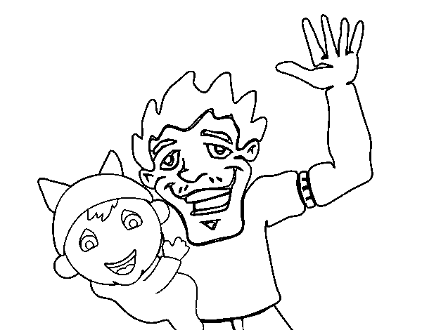 Father and son waving coloring page