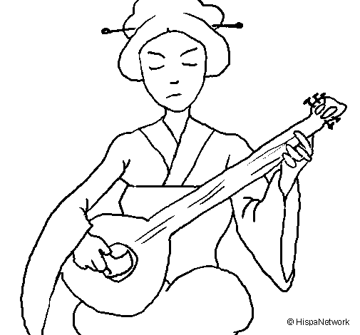 Geisha playing the lute coloring page
