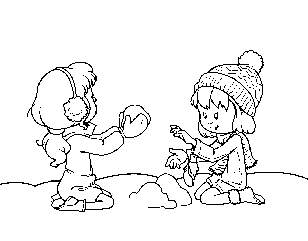 Girls playing with snow coloring page