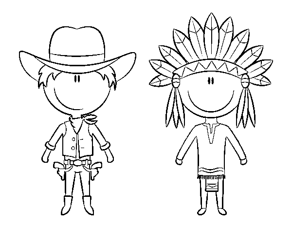 Happy cowboy and Indian coloring page