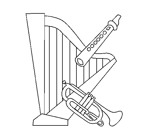 Harp, flute and trumpet coloring page