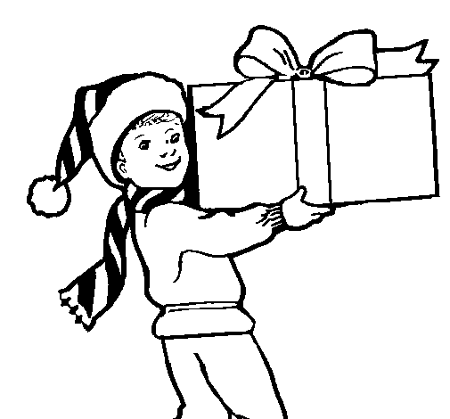 Little boy with a huge present coloring page
