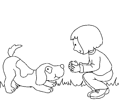 Little girl and dog playing coloring page