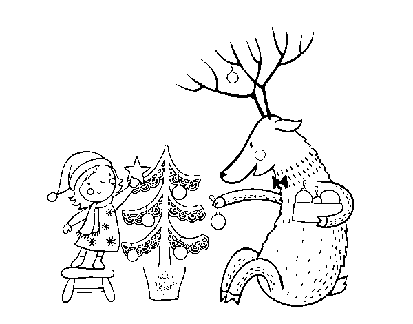 Little girl and reindeer coloring page