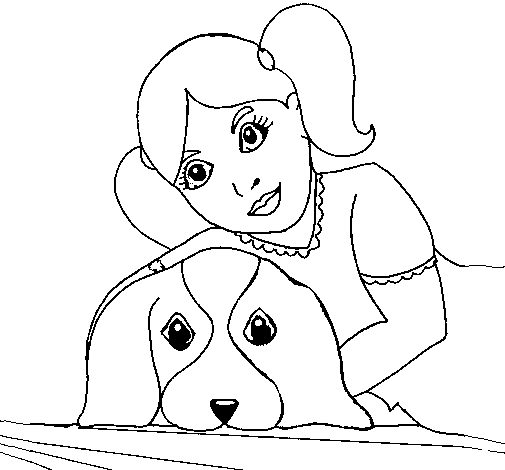 Little girl hugging her dog coloring page