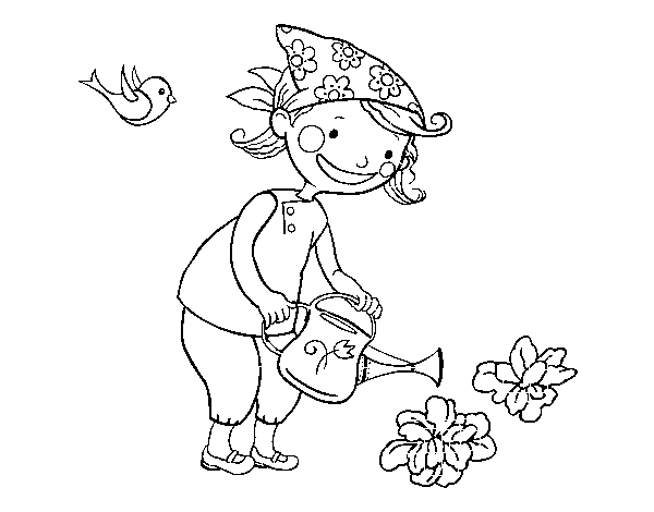 Little girl watering coloring page