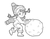 Little girl with big snowball coloring page