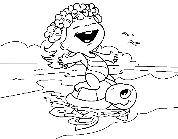 Little girl with sea turtle coloring page