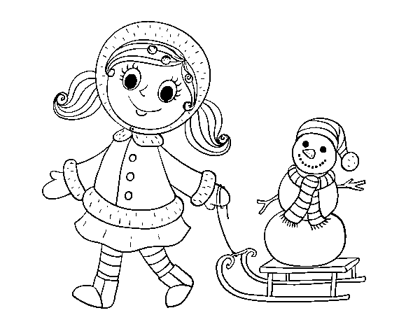 Little girl with sleigh and snowman coloring page
