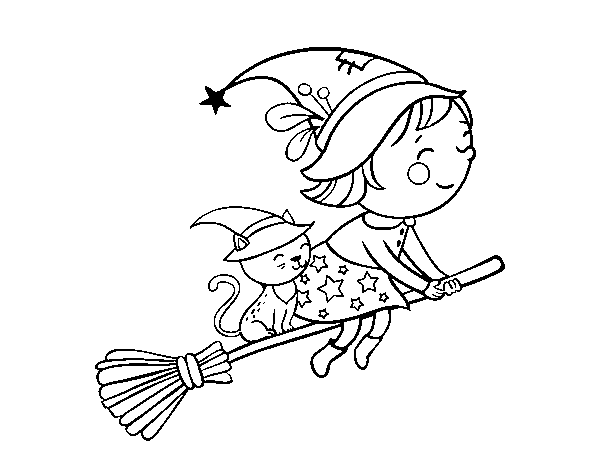 Little witch flying with her broom coloring page