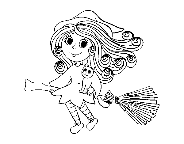 Little Witch with broom  coloring page
