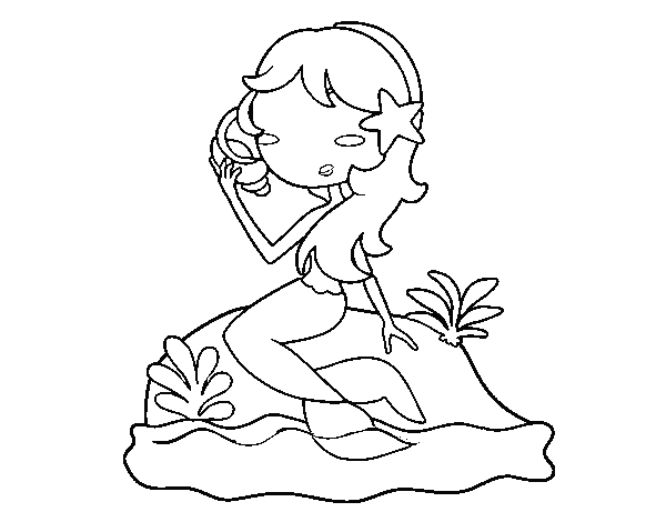 Mermaid sitting on a rock with a sea snail coloring page