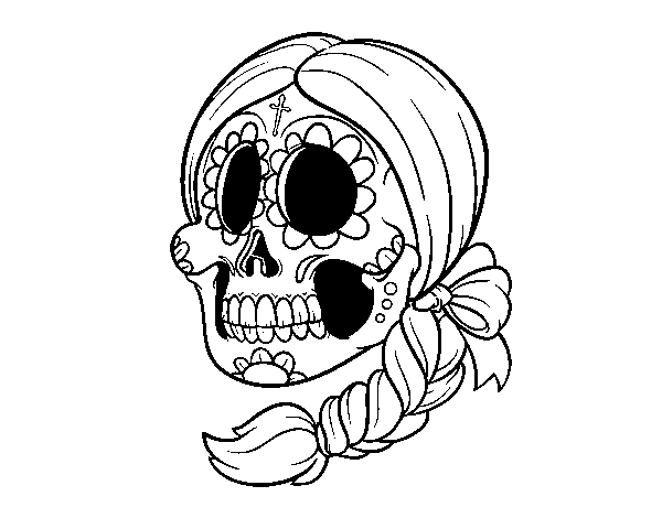 Mexican skull with braid coloring page