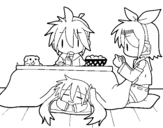 Dibujo de Miku, Rin and Len having breakfast
