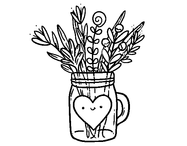 Pot with wild flowers and a heart coloring page