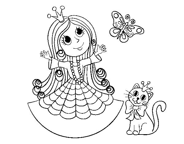 Princess with cat and butterfly  coloring page