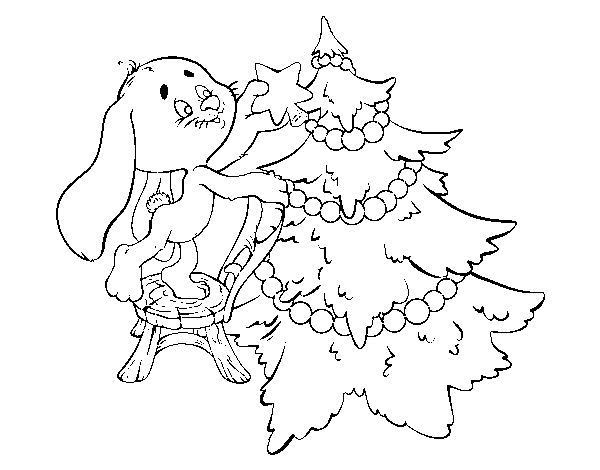 Rabbit decorating Christmas tree coloring page