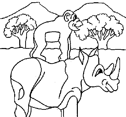 Rhinoceros and monkey coloring page