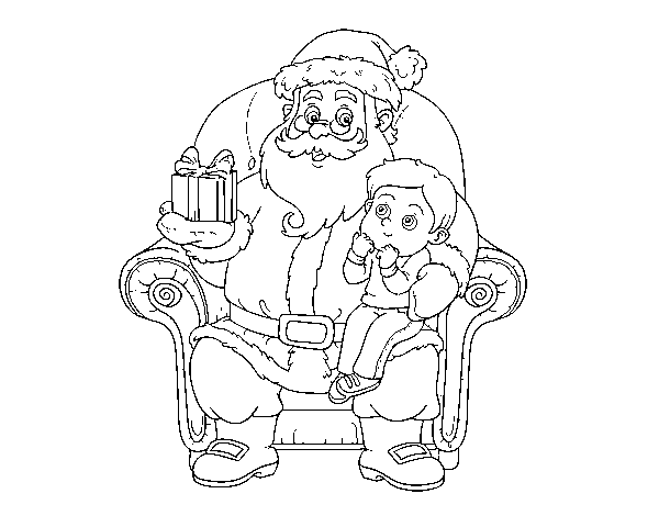 Santa Claus and child at Christmas coloring page
