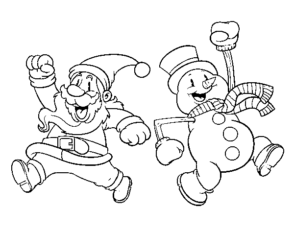 Santa Claus and snowman jumping coloring page