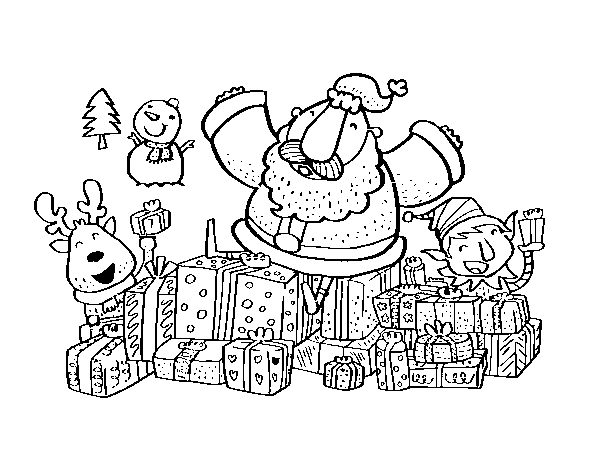 Santa Claus with gifts and joy coloring page