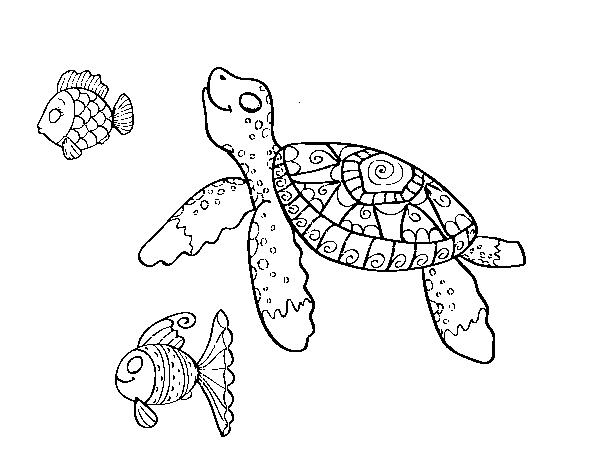 Sea turtle with fish coloring page