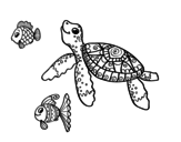 Sea turtle with fish coloring page