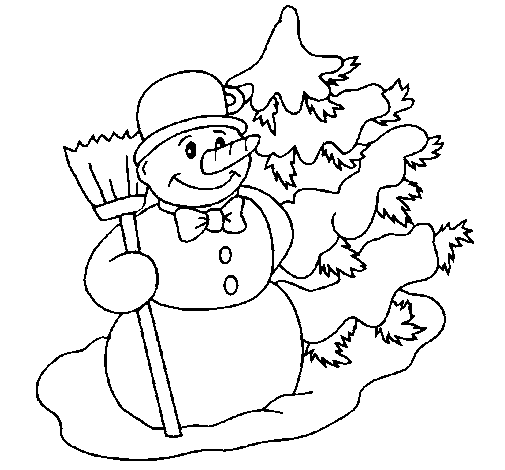 Snowman and Christmas tree coloring page