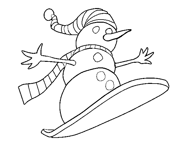 Snowman descent on snowboard coloring page