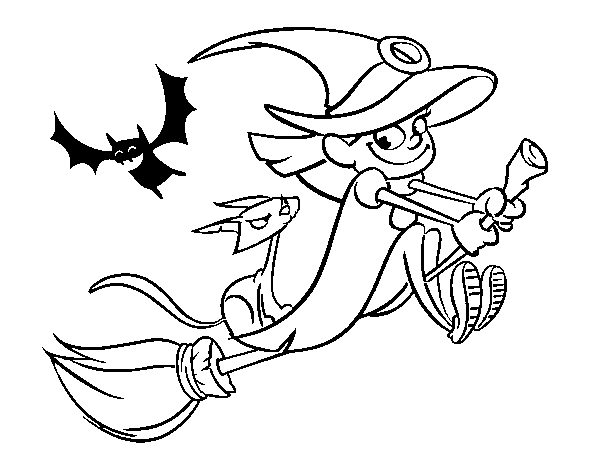 Witch and black cat flying coloring page