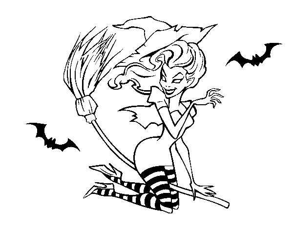Witch flying on her broomstick coloring page