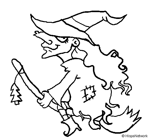 Witch on flying broomstick coloring page