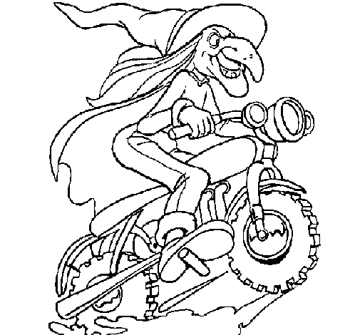 Witch on motorbike coloring page