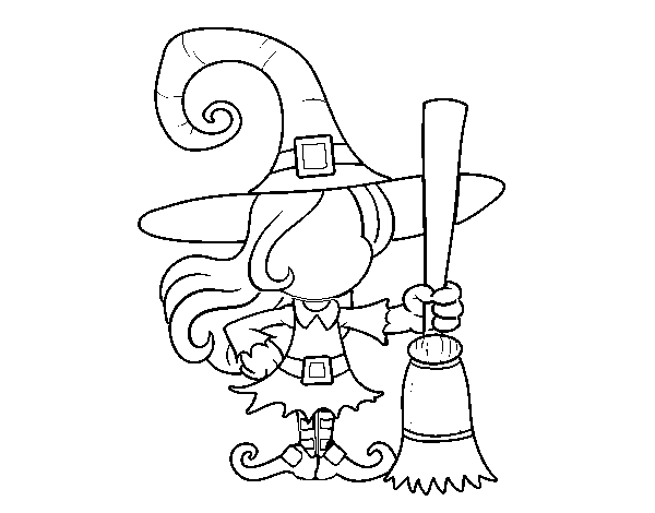 Witch with broomstick coloring page