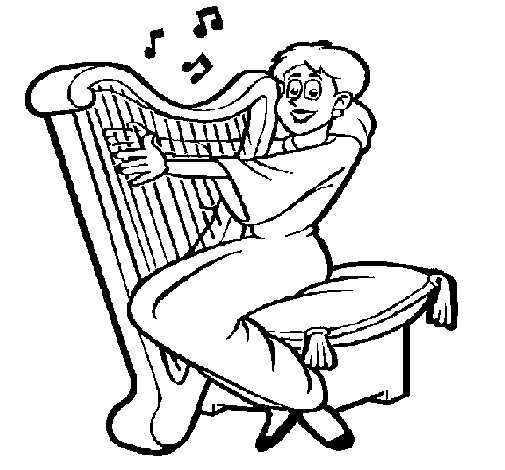 Woman playing the harp coloring page