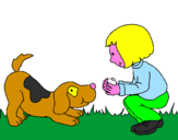 Coloring page Little girl and dog playing painted bynicole