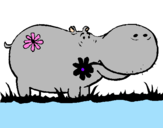Coloring page Hippopotamus with flowers painted bycara