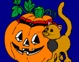 Coloring page Pumpkin and cat painted byEllie age  6