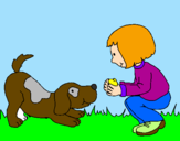 Coloring page Little girl and dog playing painted bytigre