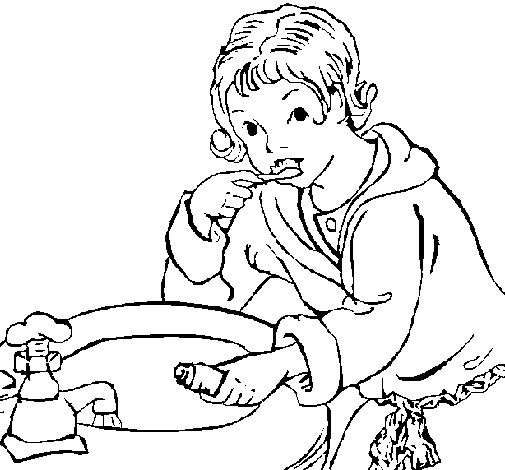 Coloring page Little boy brushing his teeth painted byblue
