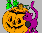 Coloring page Pumpkin and cat painted byema