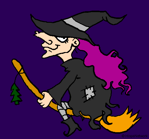 Coloring page Witch on flying broomstick painted byGeoff