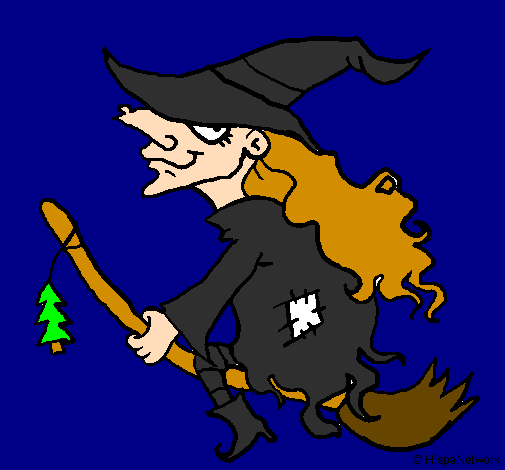 Coloring page Witch on flying broomstick painted bynóra