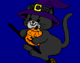 Coloring page Kitten on flying broomstick painted bylittle cat