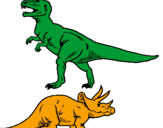 Coloring page Triceratops and Tyrannosaurus rex painted by butterfly