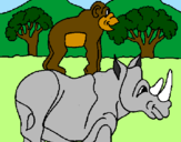 Coloring page Rhinoceros and monkey painted byWyatt