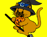 Coloring page Kitten on flying broomstick painted byanna