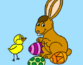 Coloring page Chick, bunny and little eggs painted byDANI