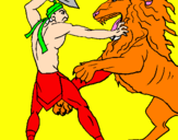 Coloring page Gladiator versus a lion painted byL.J.
