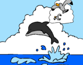 Coloring page Dolphin and seagull painted byWyatt
